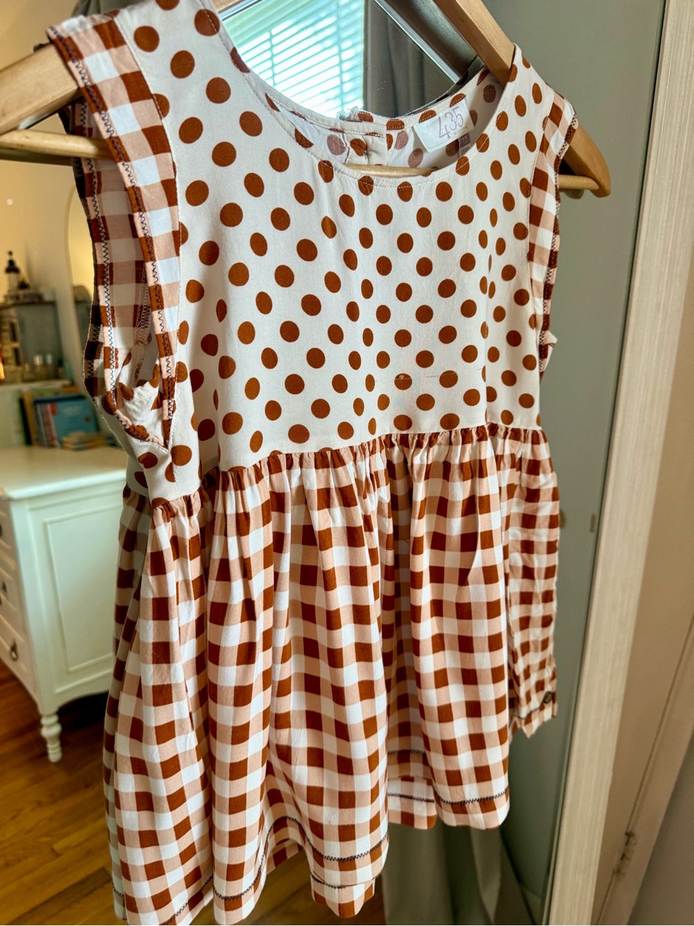 Matilda Jane Feeling Collegiate Babydoll Top Brown Polka Dot Gingham Plaid